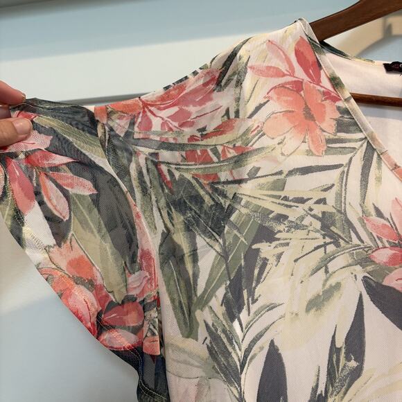 Cocomo Shirt Women Large Pink Green Floral Mesh Overlay Sheer Layered Tie Front - Picture 5 of 12